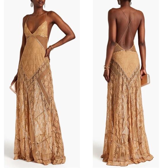 Retrofete Gianni Sequin Beaded Embellished Sheer Lace Champagne Maxi Dress Sz S - Picture 3 of 12